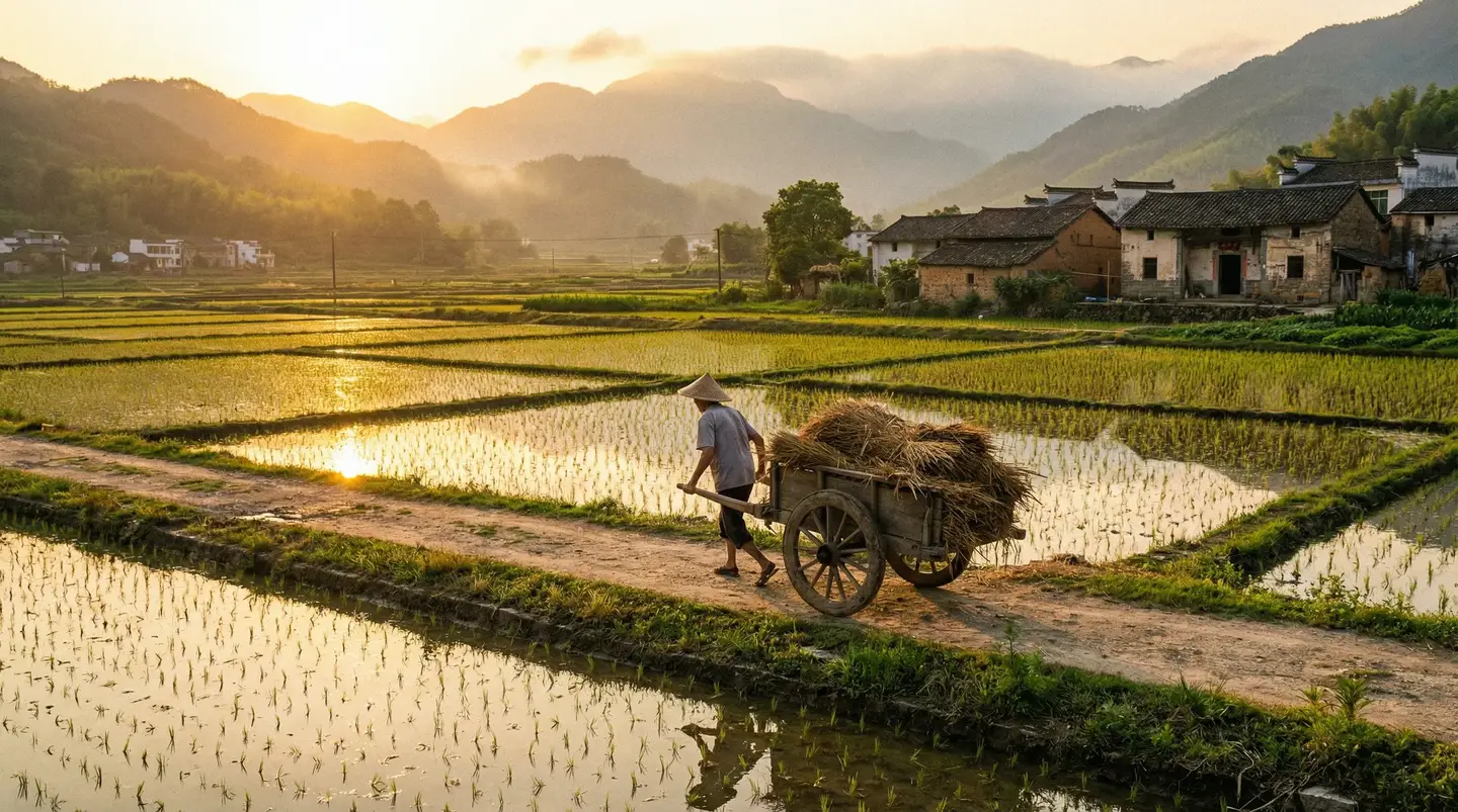 好男人高清在线观看免费2019 - 金色夕阳下的乡村田野，老农推着木车行走在田埂上